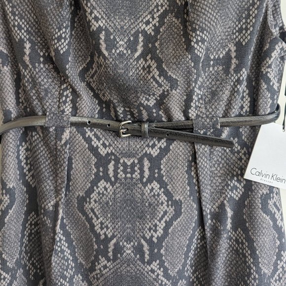 Calvin Klein Sheath Dress - Snakeskin Sleek Belt Silver Grey Fitted Slit Size 6 - Picture 6 of 15